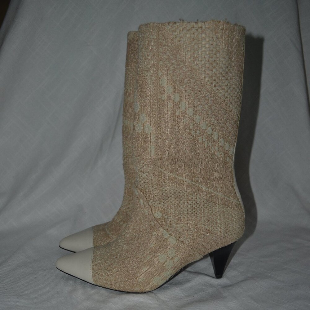 $625 Sz 37 6.5  IRO Desa Beige Tweed Leather Cap Toe Pull On Mid Boots